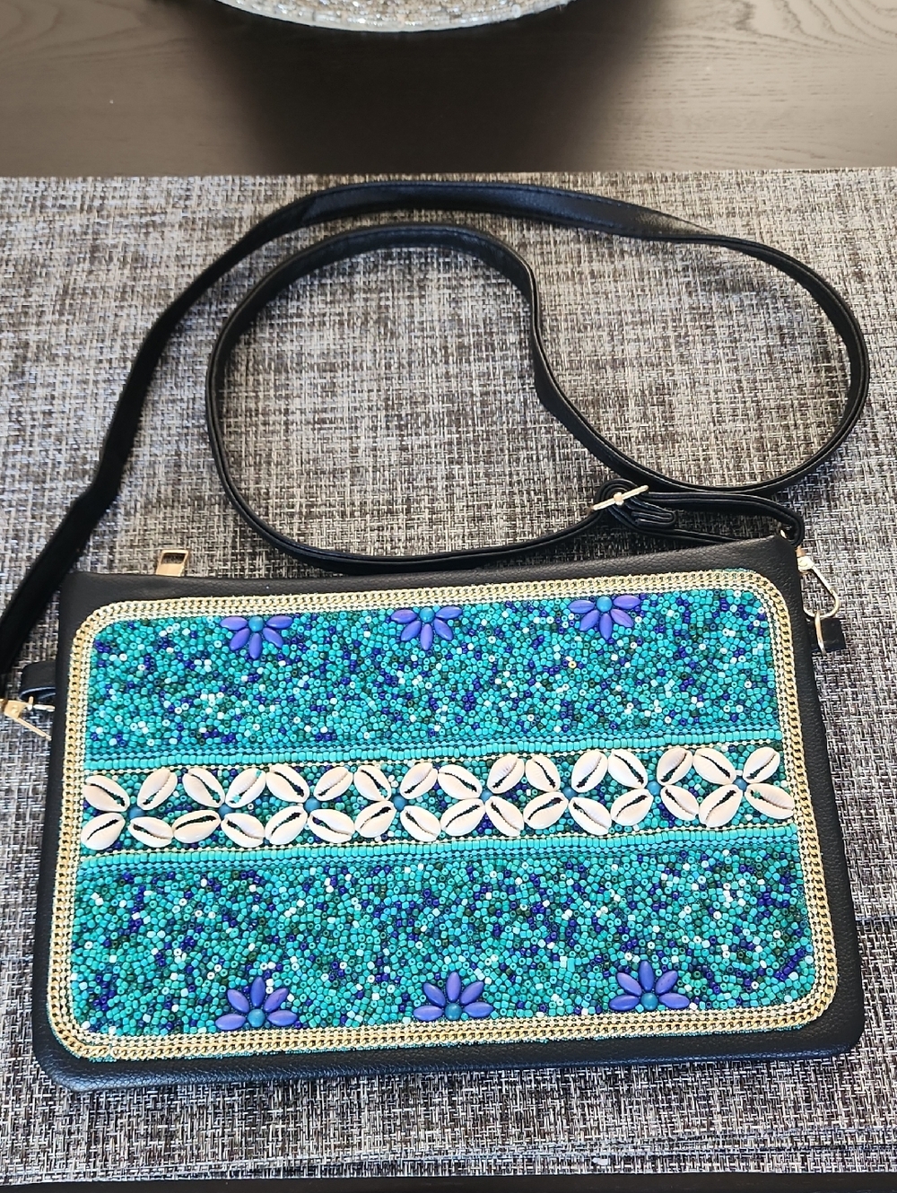 Beaded Turquoise Crossbody Bag with Shell Accent